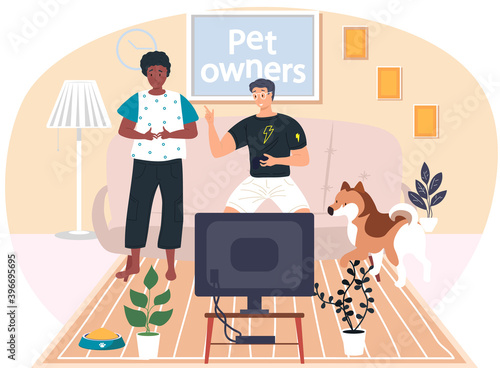 Couple sitting at home and watching TV. Young people communicate and spend time together. Dog is walking around the apartment. Owners resting with animal. Girl looks at the screen with embarrassment