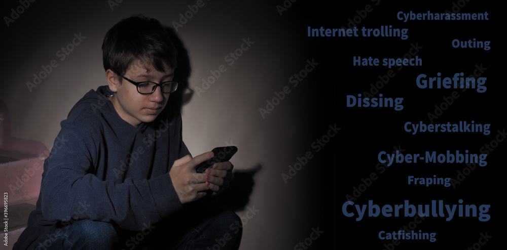 Types of harassment against teenagers in cyber space. Cyber Mobbing,  Internet trolling, Griefing, Hate speech, Cyberstalking, Cyberharassment,  Catfishing, Outing, Dissing, Fraping, Cyberbullying. Stock Photo