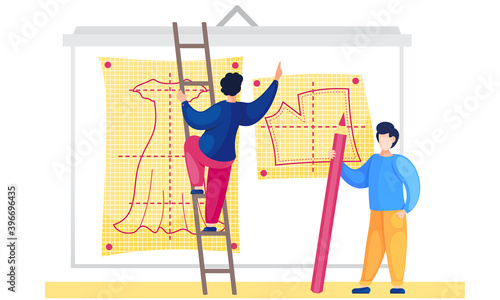 Man stands on stepladder and raises his hand up while the guy stands nearby and holds a pink pencil. Fashion designers making pattern on yellow paper. Future cloth planning. Preparation for tailoring