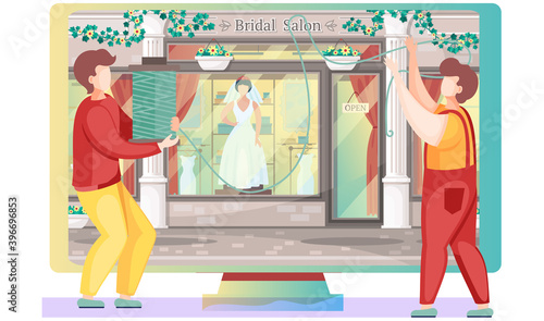 The guys are holding a skein of thread in their hands. Wedding boutique on the background. Mannequin with a white dress. Shop of goods and festive clothing. Young people pull the thread and work