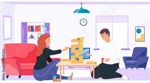 Couple playing jenga at home cartoon vector illustration cozy living room atmosphere in the evening. Man and woman friendly family or good friends spend time together with a logic game on the weekend