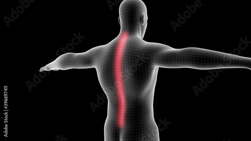 3d illustration of a men xray hologram showing pain area on the back area