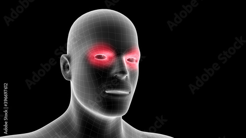 3d illustration of a men xray hologram showing pain area on the head area