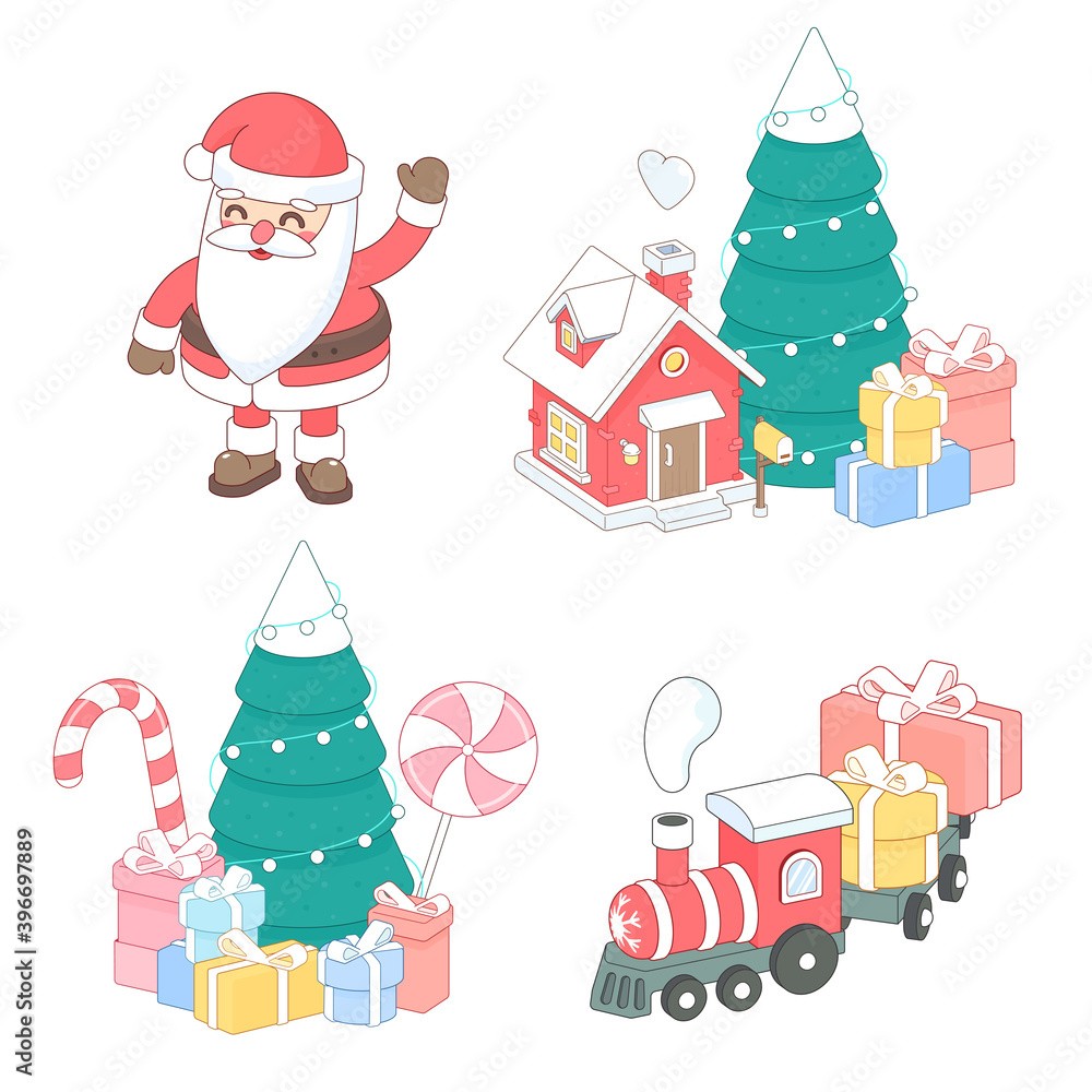 Winter Christmas illustrations set. House, fire tree, sweets and presents isolated on white background. Christmas train and Santa Claus. 3d isometric vector illustration for web banner or screens user