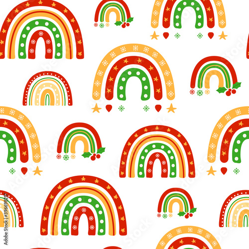 Christmas or New Year rainbow seamless pattern, childish cartoon rainbow in festive colors on white, nursery digital paper or kids vector background for wrapping, textile, scrapbook
