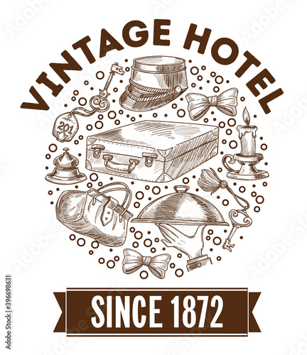 Vintage hotel since 1872 monochrome sketch outline