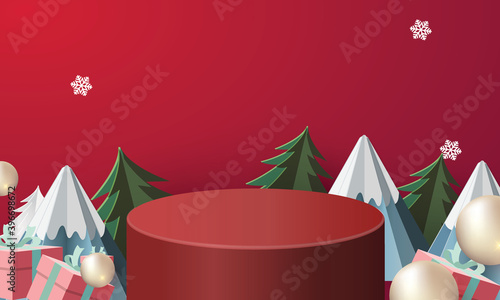 podium show christmas day paper art red background with gift box