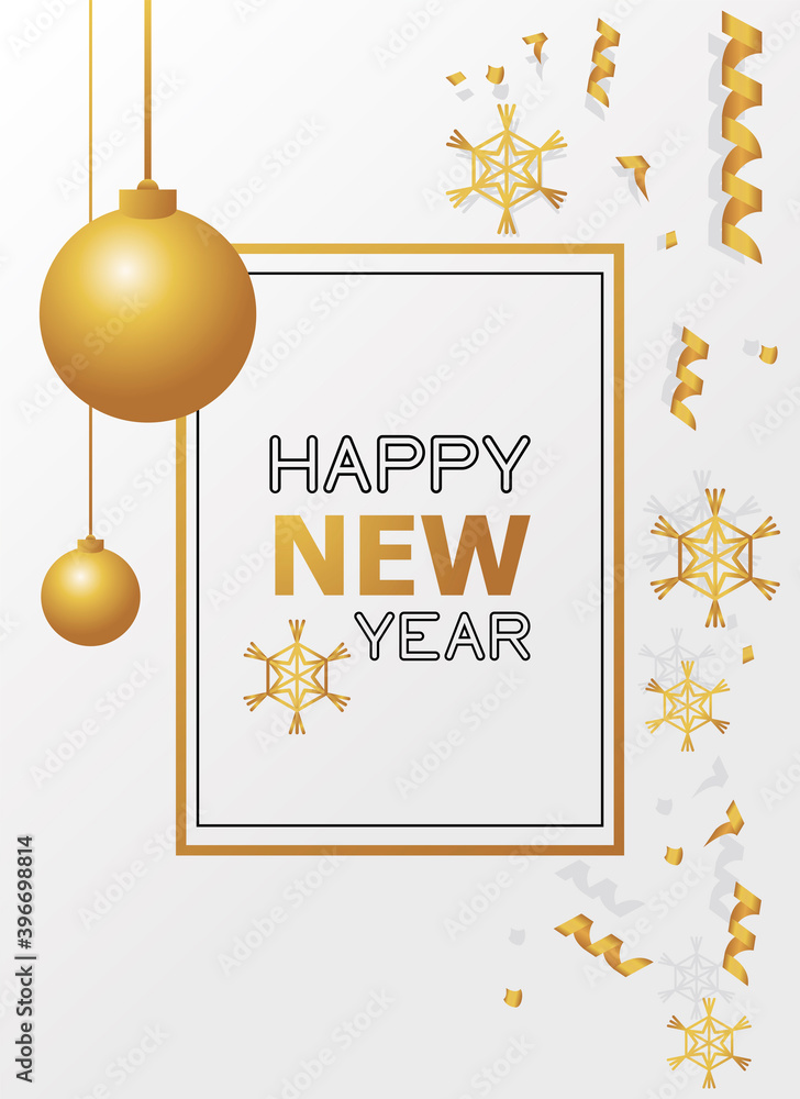 Fototapeta premium happy new year card with golden snowflakes and ball hanging