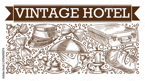 Vintage hotel symbolic icons monochrome sketch