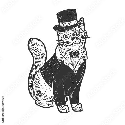 Cat in tuxedo blazer coat top hat and glasses sketch engraving vector illustration. T-shirt apparel print design. Scratch board imitation. Black and white hand drawn image.
