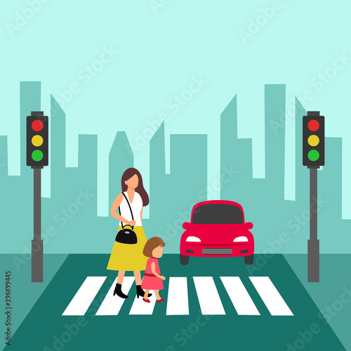 Woman with kid walking across the road at crosswalk with traffic light vector illustration. Road, car, city street, mom and daughter and traffic light in flat design.
