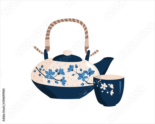 Vintage Card ornamented ceramic teapot with Sakura flowers, ceramic cup. Warm and cozy hand drawn vector illustration with kettle and mug with hot beverage on white background. Kitchen crockery