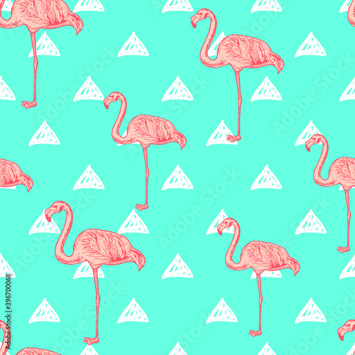 Seamless pattern with hand drawn pink flamingos and white triangles on green background, vector illustration
