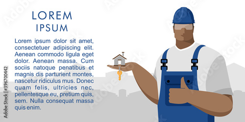 Builder in a hard hat and overalls holds a house with keys, a construction concept, purchases and sales of new housing, suburban real estate, construction and investment, real estate services. Vector