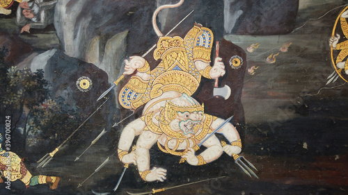 Canvas Print Ancient mural painting with scene from the Ramakien at Wat Phra Kaew Temple in Grand Palace,BANGKOK, THAILAND