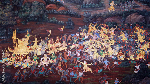 Ancient mural painting with scene from the Ramakien at Wat Phra Kaew Temple in Grand Palace,BANGKOK, THAILAND. photo