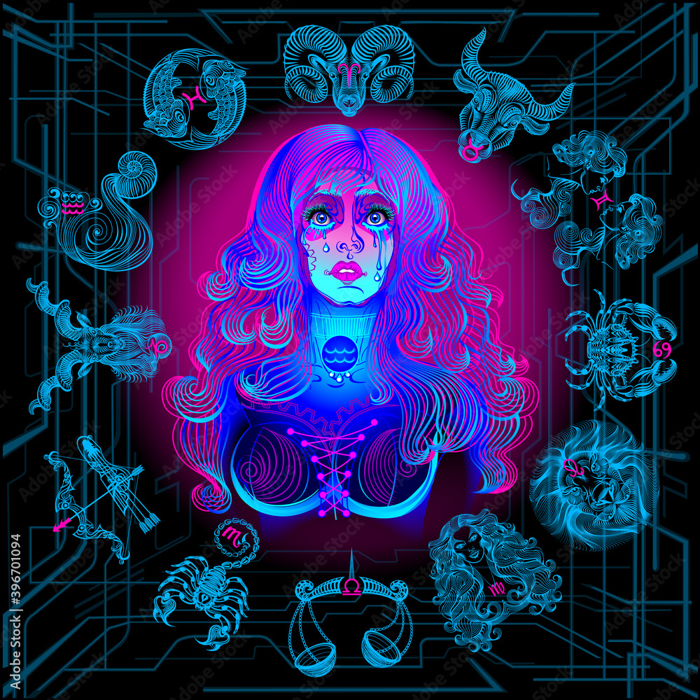 Zodiac circle of the girl of the future. Zodiac sign Aquarius. Neon