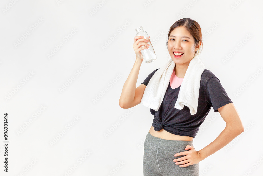 Asian cute women holding water bottle after play yoga and exercise on white background with copy space.Exercise for Lose weight, increase flexibility and tighten the shape.
Asian cute women holding water bottle after play yoga and exercise on white background with copy space.Exercise for Lose weight, increase flexibility and tighten the shape.