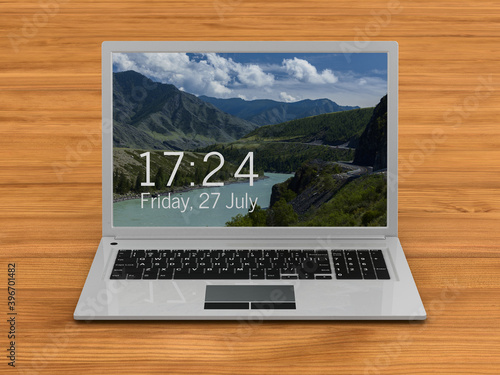 laptop on wooden desk. 3D i...