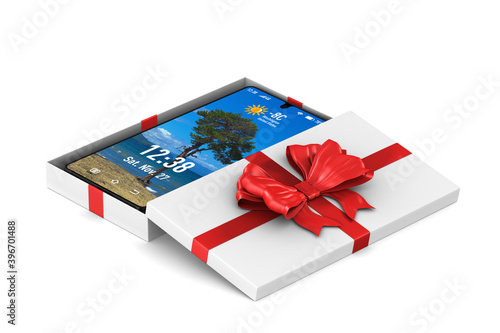 open white gift box with phone on white background. Isolated 3D illustration