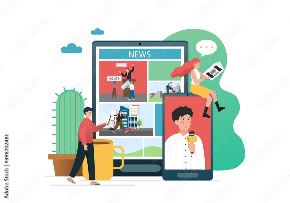 People reading print newspaper, using online news portal, flat vector illustration. Print, broadcast, internet. People reading print newspaper, using online news portal, flat vector illustration. Print, broadcast, internet.