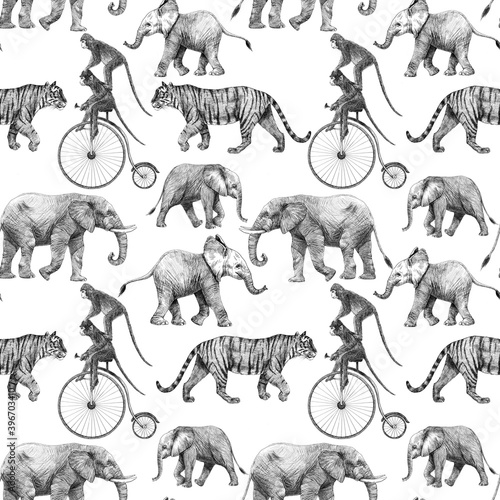 Photography Beautiful stock seamless pattern with cute hand drawn safari giraffe elephant tiger monkey rhinoanimal pencil illustrations