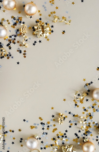 Christmas background . New Year decorations in gold colors on gold background...