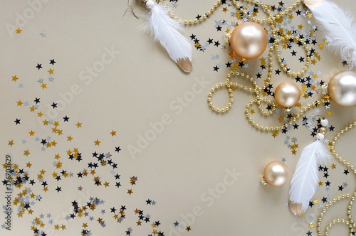 Christmas background . New Year decorations in gold colors on gold background...