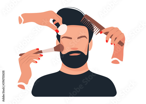 beauty salon  personal care . portrait of a man, hand with a comb, a brush for blush. Vector illustration in cartoon flat style