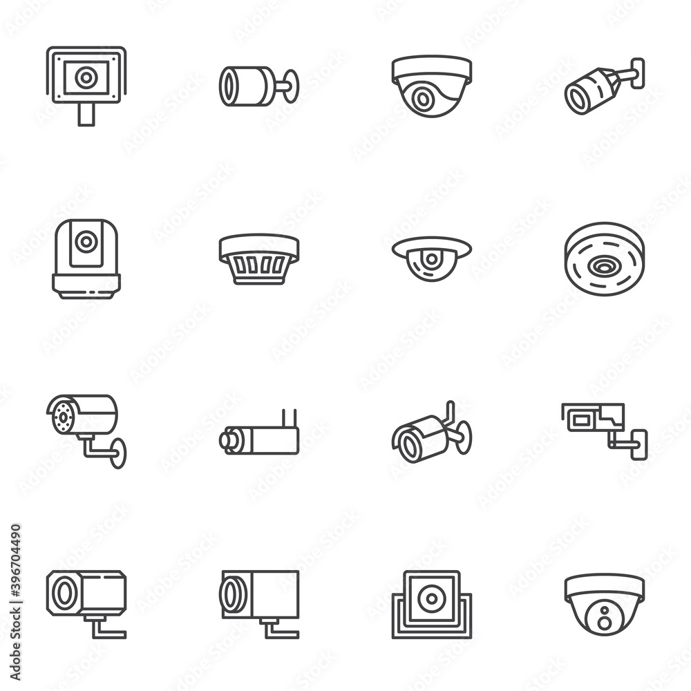 Security camera line icons set, outline vector symbol collection, linear style pictogram pack. Signs, logo illustration. Set includes icons as CCtv camera, dome surveillance, webcam Security camera line icons set, outline vector symbol collection, linear style pictogram pack. Signs, logo illustration. Set includes icons as CCtv camera, dome surveillance, webcam