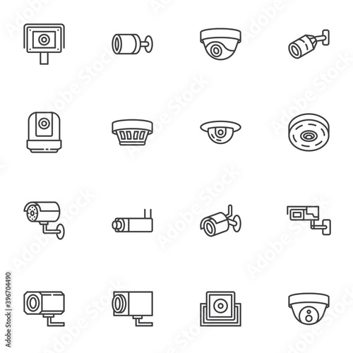 Security camera line icons set, outline vector symbol collection, linear style pictogram pack. Signs, logo illustration. Set includes icons as CCtv camera, dome surveillance, webcam