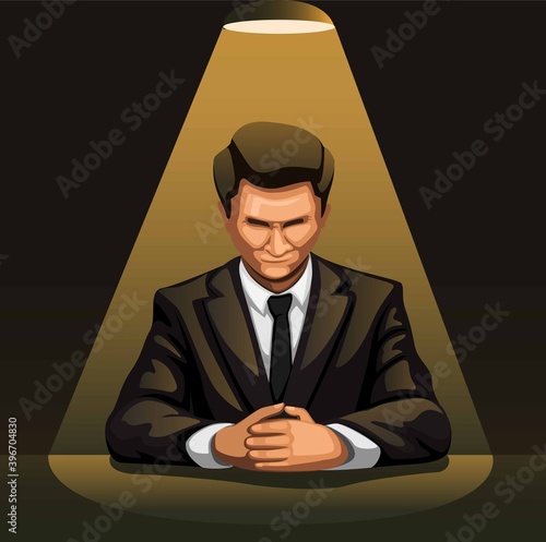 Businessman portrait under spotlight in dark room for interrogation concept in cartoon illustration vector