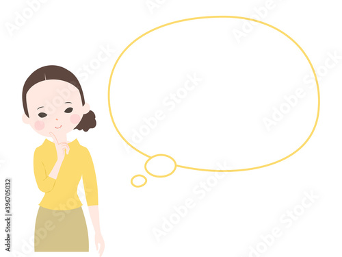顎に人差し指を当てて微笑みながら考えている若い女性と吹き出し【主線なし】