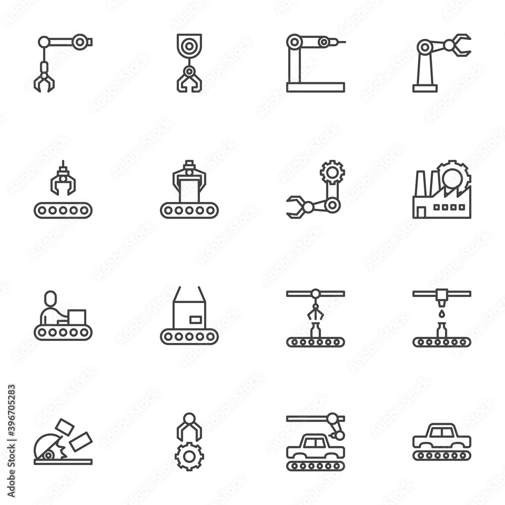 Robotic manufacture line icons set, outline vector symbol collection, linear style pictogram pack. Signs, logo illustration. Set includes icons as robotic automation production, conveyor belt, factory Robotic manufacture line icons set, outline vector symbol collection, linear style pictogram pack. Signs, logo illustration. Set includes icons as robotic automation production, conveyor belt, factory