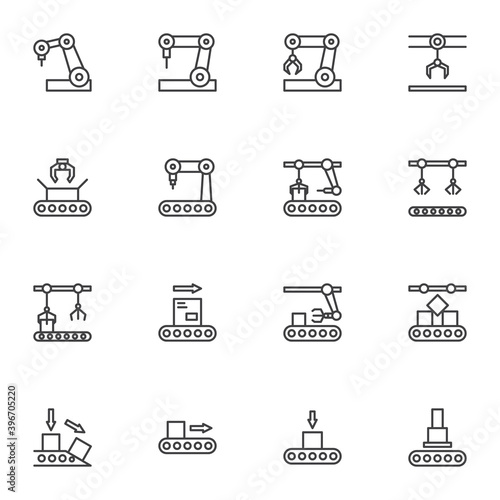 Robotic technology line icons set, outline vector symbol collection, linear style pictogram pack. Signs, logo illustration. Set includes icons as robotic manufacture, automation production, conveyor