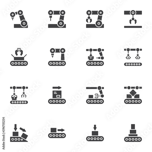Robotic technology vector icons set, modern solid symbol collection, filled style pictogram pack. Signs, logo illustration. Set includes icons as robotic manufacture, automation production, conveyor