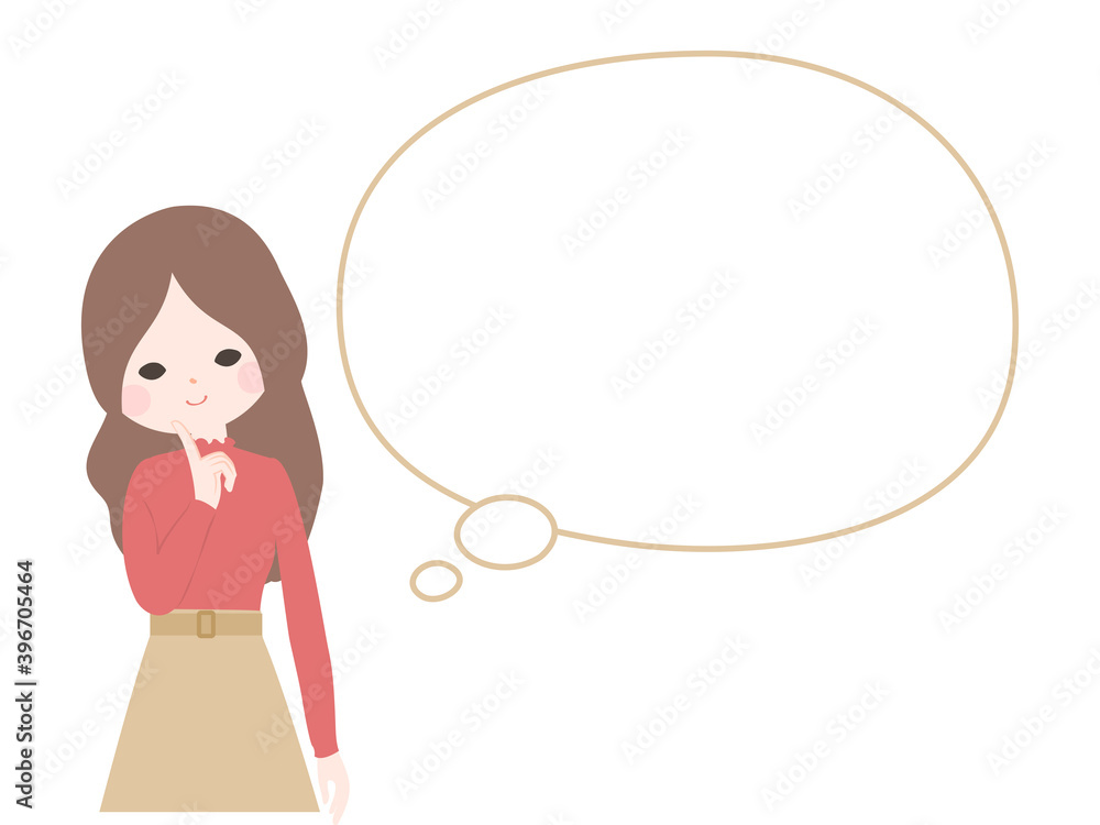 顎に人差し指を当てて微笑みながら考えている若い女性と吹き出し【主線なし】 顎に人差し指を当てて微笑みながら考えている若い女性と吹き出し【主線なし】
