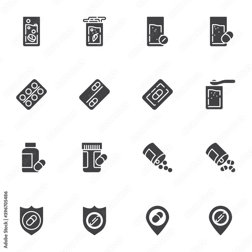 Medicine drug vector icons set, modern solid symbol collection, filled style pictogram pack. Signs logo illustration. Set includes icons as medical pill and glass of water, pharmaceutical blister pack