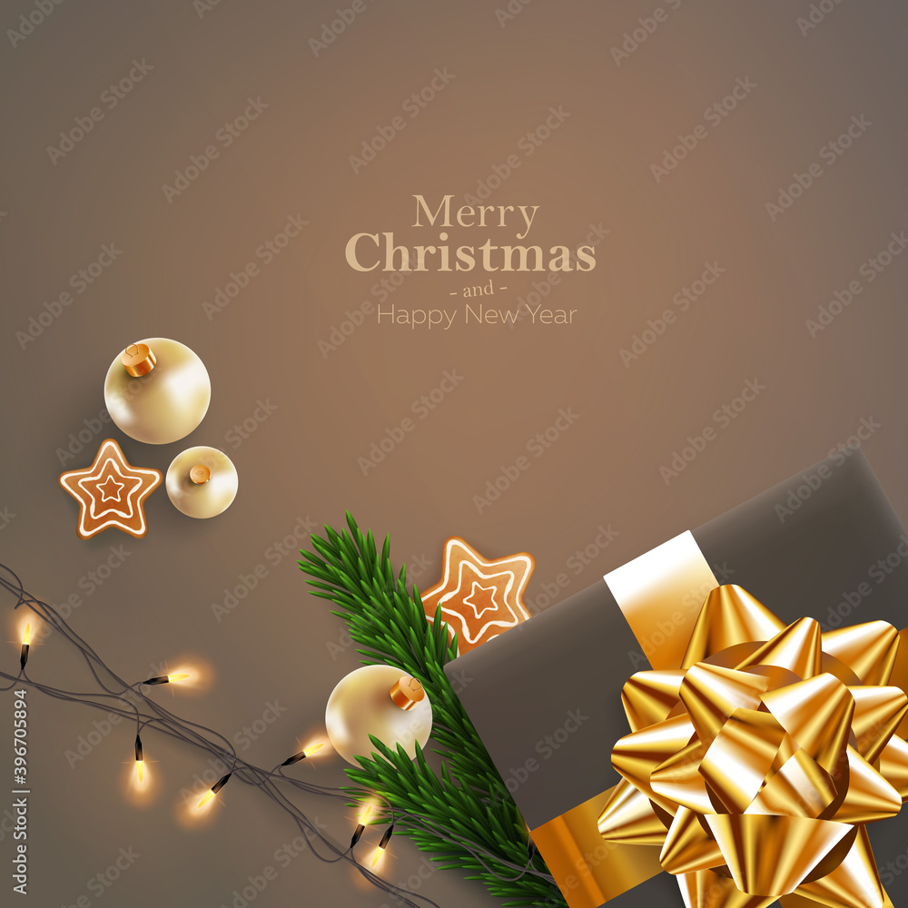 Merry Christmas and Happy New Year postcard template. Xmas design realistic gifts box with gold ribbon, festive lights and decorative objects. Christmas poster, holiday banner, flyer, greeting card