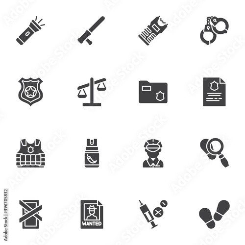 Police supplies vector icons set, modern solid symbol collection, filled style pictogram pack. Signs, logo illustration. Set includes icons as electric stun gun, officer badge, policeman, handcuffs