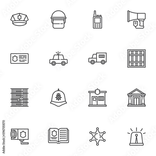 Police related line icons set, outline vector symbol collection, linear style pictogram pack. Signs, logo illustration. Set includes icons as police department station, policeman hat, officer badge