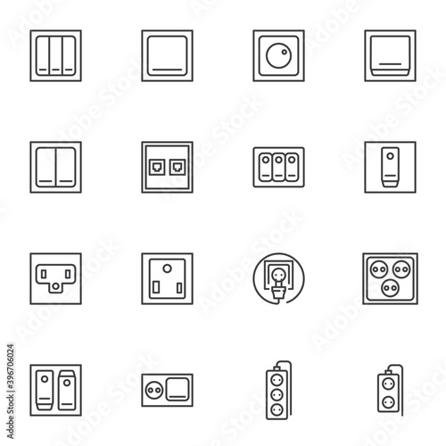Switches and sockets line icons set, outline vector symbol collection, linear style pictogram pack. Signs, logo illustration. Set includes icons as electrical plug, power electricity, wall switch