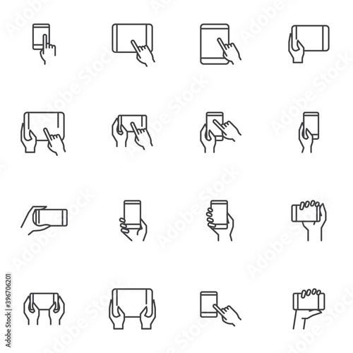 Hand using gadget line icons set, outline vector symbol collection, linear style pictogram pack. Signs, logo illustration. Set includes icons as hand touching blank screen, smartphone, digital tablet