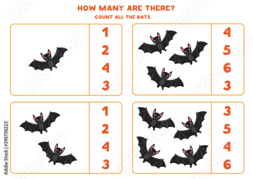 Counting game with black bats. Math worksheet for children.