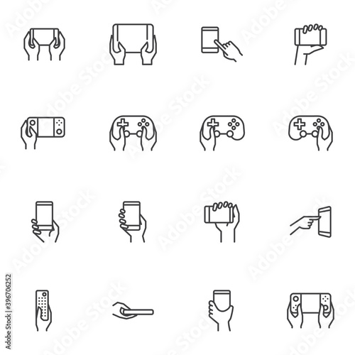 Hand using gadget line icons set, outline vector symbol collection, linear style pictogram pack. Signs, logo illustration. Set includes icons as hand holding gamepad control, smartphone, handheld game