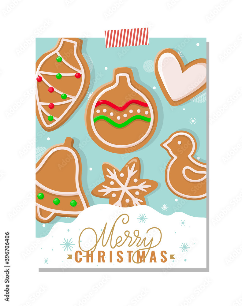 Naklejka premium Merry Christmas cookies made of gingerbread biscuits vector. Snowflake ornaments and heart with topping, bird and bell, cone bauble ball toy decor