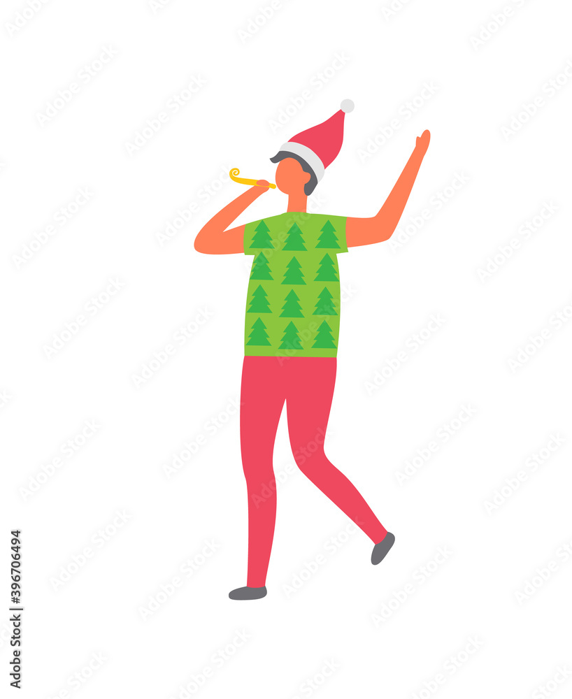 Man in Santa Claus hat, with whistle, dressed in green t-shirt with spruce and pine trees, red trousers. Person celebrating Christmas New Year eve, vector Man in Santa Claus hat, with whistle, dressed in green t-shirt with spruce and pine trees, red trousers. Person celebrating Christmas New Year eve, vector