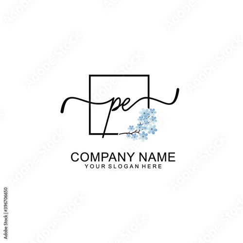 Initial PE Handwriting, Wedding Monogram Logo Design, Modern Minimalistic and Floral templates for Invitation cards