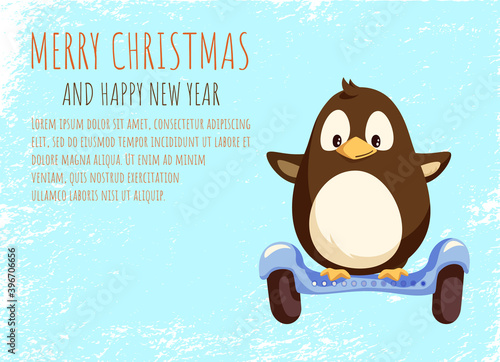 Merry Christmas and Happy New Year card, little penguin balancing on segway, vector. Running animal on modern transport. Eco scooter in flat style