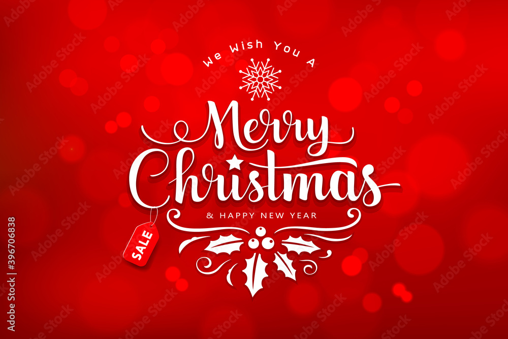 Merry Christmas lettering greeting card, design on bokeh red background, Eps 10 vector illustration